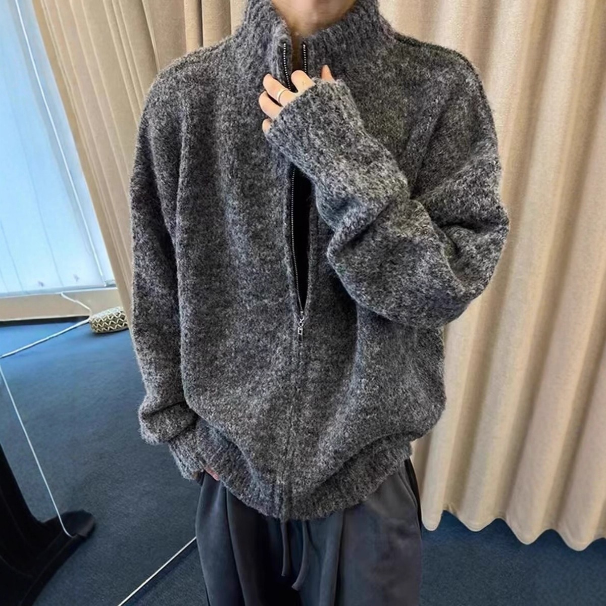 2026秋冬复古慵懒风拉链毛衣外套男士宽松立领保暖针织开衫外套棉