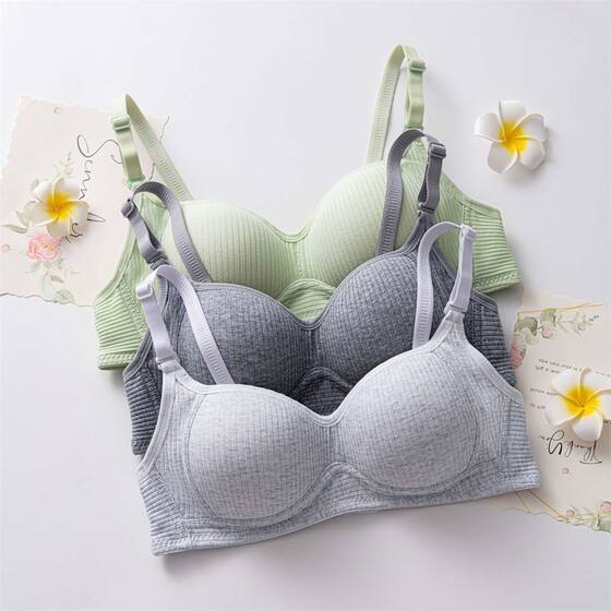 Women's simple pure cotton underwear, Korean style wireless one-piece small chest push up anti-sagging bra for students