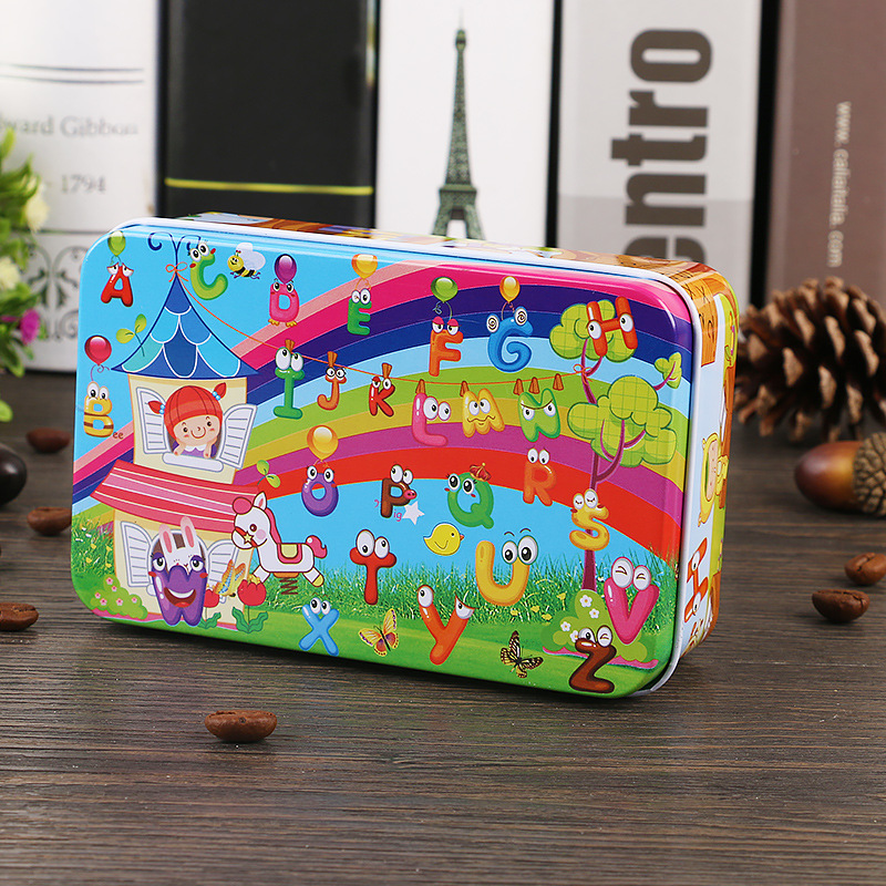 Nuevo estilo 60 piezas 200 piezas dibujos animados para niños dibujos animados madera caja de hierro rompecabezas bebé escuela primaria juguetes educativos al por mayor