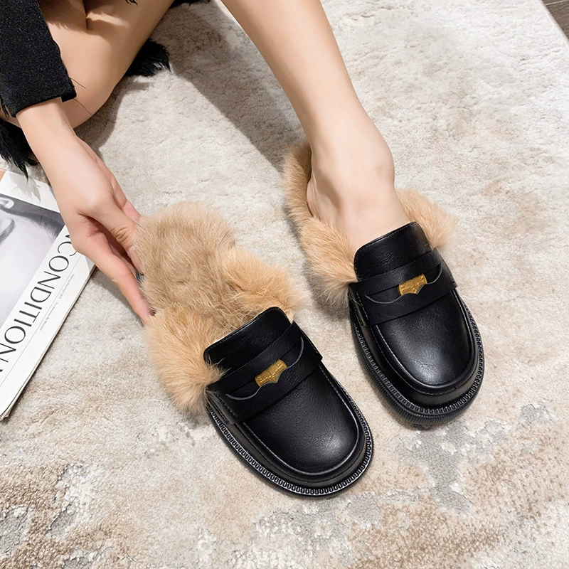 2024 европейские популярные плюшевые тапочки, Женская осенне-зимняя верхняя одежда из кроличьего меха с закрытым носком, полутапочки, хлопковые тапочки на толстой подошве, большие размеры 41-43