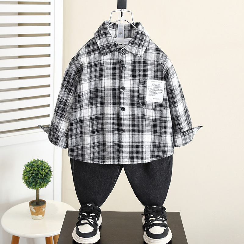 5839 Chaqueta de camisa de primavera y otoño para niños 2024 Nueva camisa a cuadros de otoño para bebés de moda