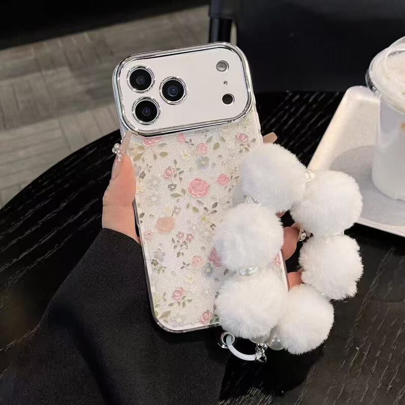 Suitable for Apple Ip17 Women's Glitter Floral Candy-Colored Phone Case with Fur Ball Bracelet and Lens Protection Film Suitable for Apple Ip17 Women's Glitter Floral Candy-Colored Phone Case with Fur Ball Bracelet and Lens Protection Film