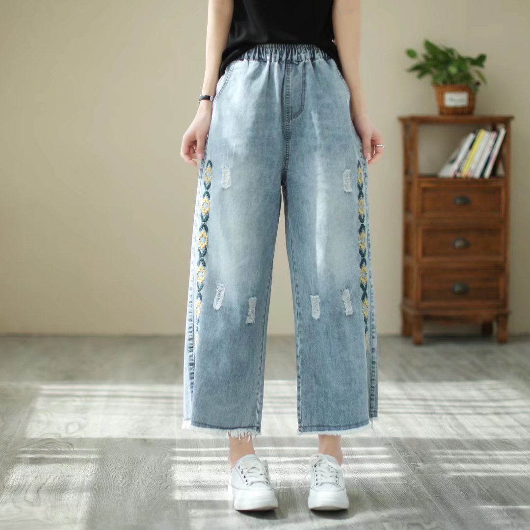 复古水洗磨白刺绣牛仔裤女2024春夏季破洞高腰宽松毛边九分阔腿裤
