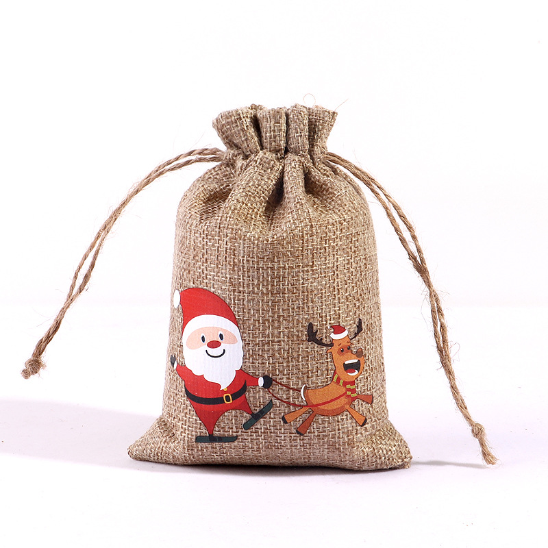 Bolsa de regalo de lino de Navidad al por mayor decoración de la fiesta de Navidad pequeña bolsa de tela cordón bolsa de tela de cáñamo ventas directas de fábrica