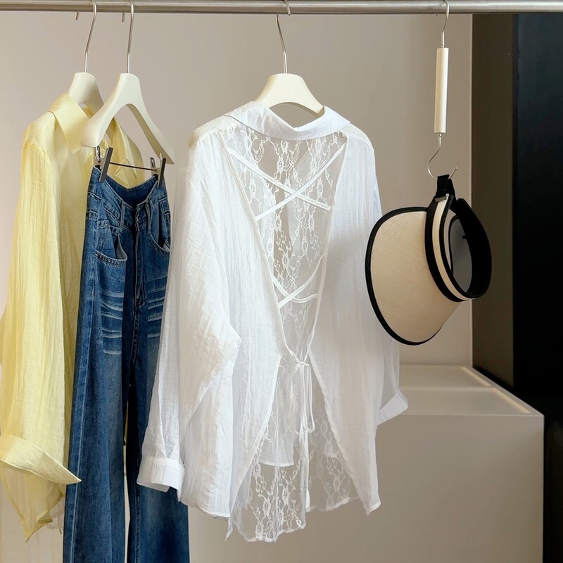 Lace-Back Tie-Up Long-Sleeve Shirt, New Summer Design, Thin and Stylish, Mature Fashion Style, Sun-Protective Top