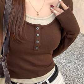 撞色假两件长袖恤女2025春季新款美拉德穿搭圆领上衣修身打底衫