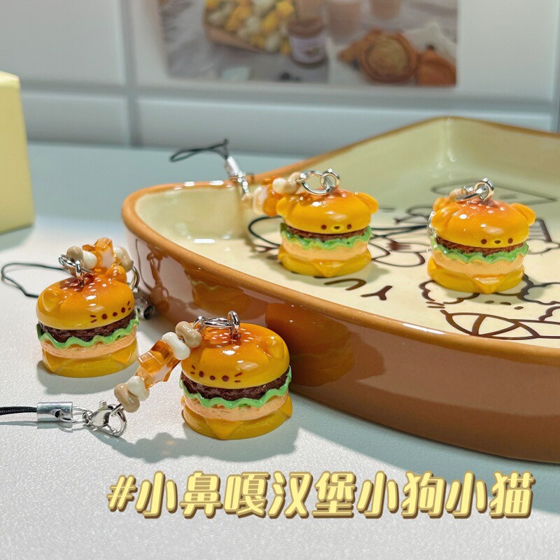 Nose gaga hamburger pendant cat puppy cartoon three-dimensional food pendant mobile phone rope cartoon cute student keychain