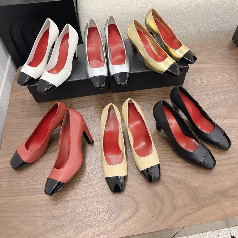 Fashionable retro patchwork shallow-cut single shoes, genuine leather square-toed chunky high heels, simple and comfortable for work, parties, and banquets Fashionable retro patchwork shallow-cut single shoes, genuine leather square-toed chunky high heels, simple and comfortable for work, parties, and banquets