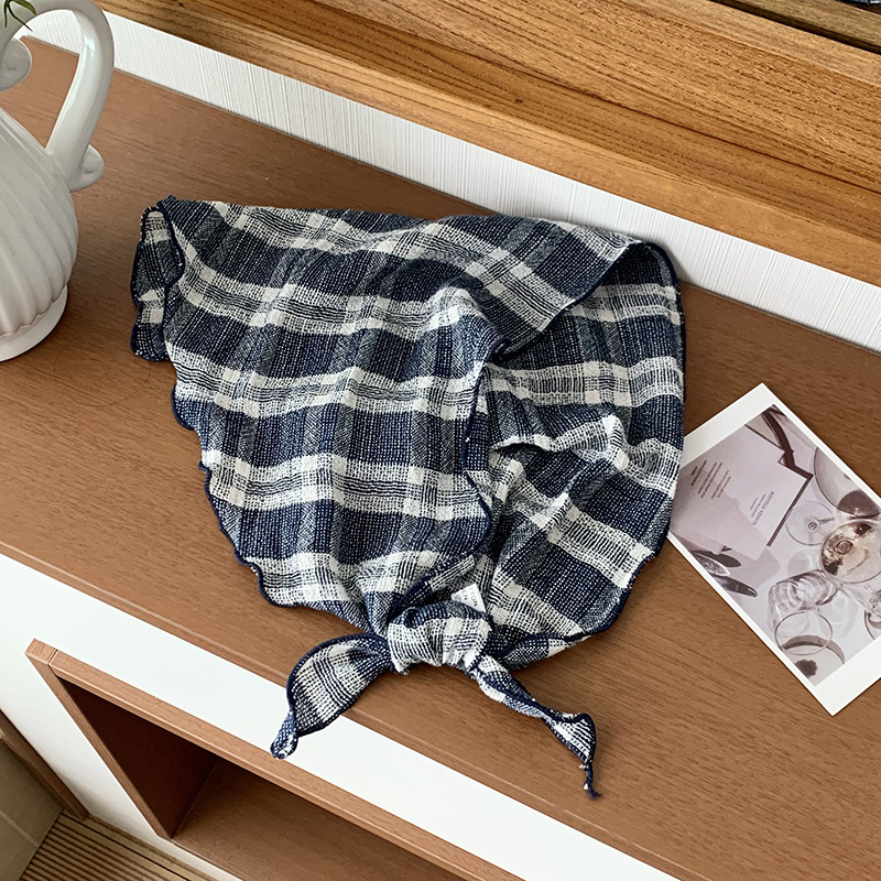 Pañuelo en la cabeza Verano femenino Pastoral nuevo estilo Primavera y verano Pañuelo de seda a cuadros japonés con cuello Bufanda de todo fósforo para mujer Bufanda triangular Cinturón para el cabello