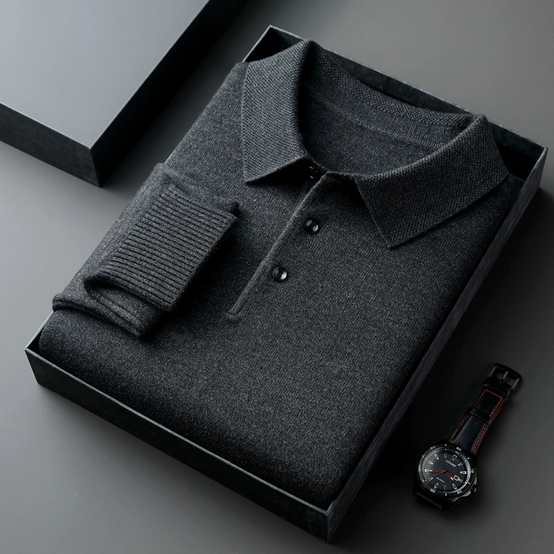 Новая мужская трикотажная рубашка-поло из шерсти с лацканами, длинными рукавами, однотонная, для осени и зимы, для мужчин среднего возраста, базовая одежда.