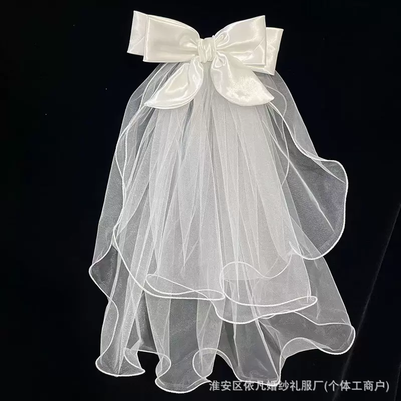 披发新娘超仙短款小头纱新娘结婚拍照领证登记蝴蝶结蓬蓬纱头饰