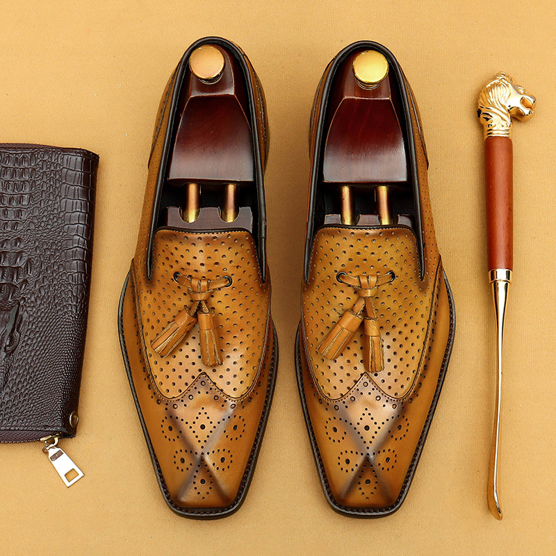 Casual summer leather shoes men's hollow breathable leather business dress shoes_vogvips.com