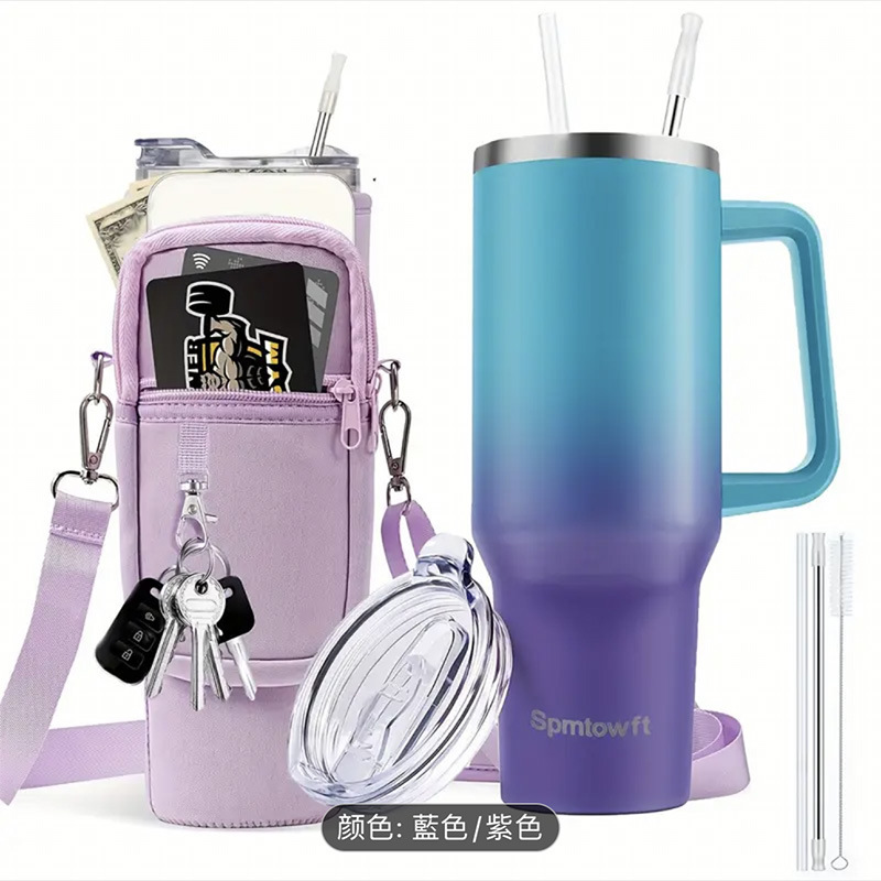 파란색과 보라색 + 가방 + 스테인레스 빨대 세트