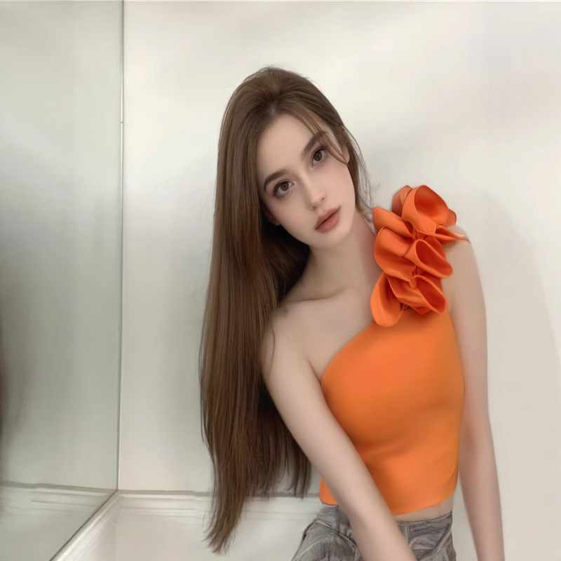 Summer Women's Single Shoulder Sleeveless Ruffle Mini Birthday Vest Anniversary Party Strap Tight Bandage Top