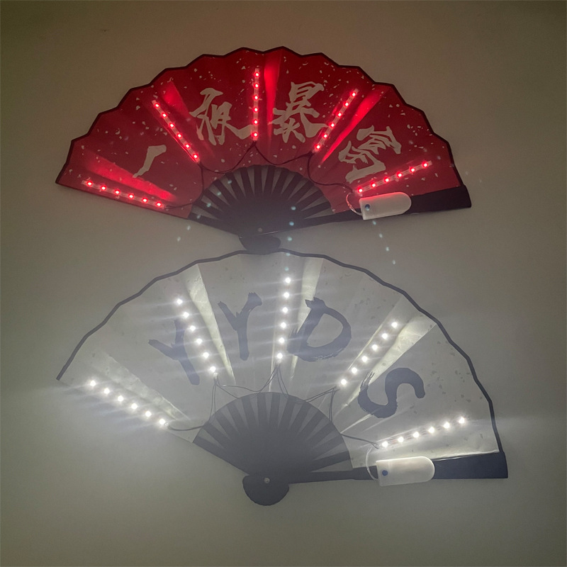 LED luminoso de 8 pulgadas barra de doble cara ventilador bungee cómic lengua de marea antigua tela de seda chino ventilador de marea escolar ventilador plegable para hombres y mujeres