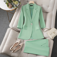 绿色西装外套女夏季薄款七分袖2023新款高级感职业装休闲西服套装