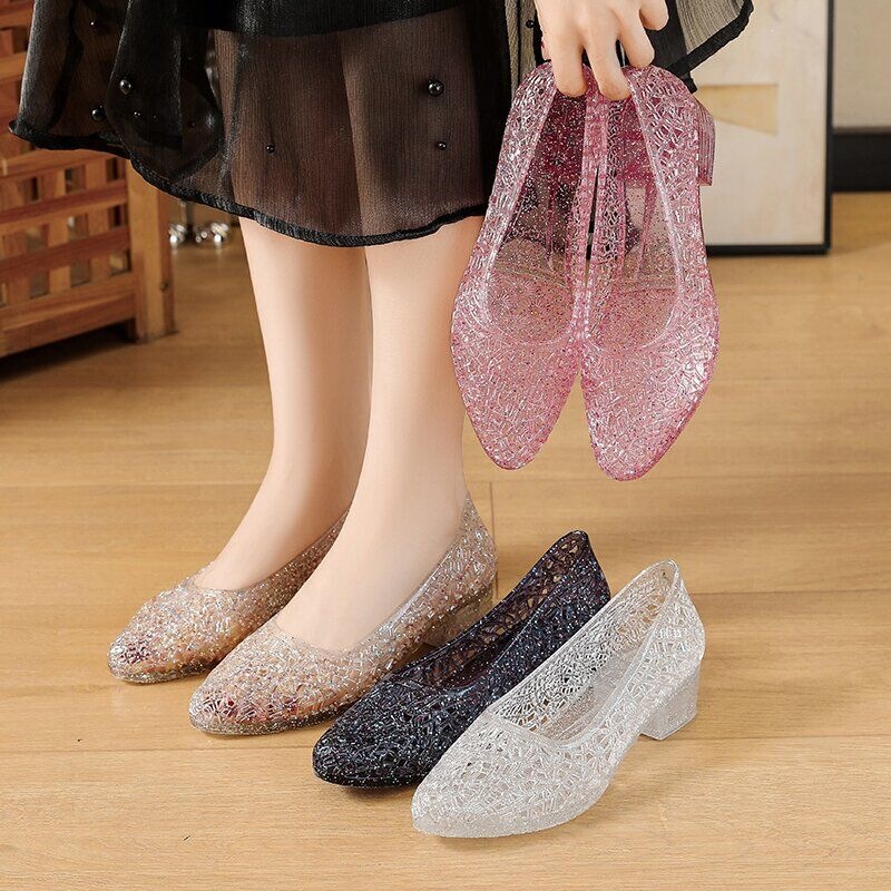 Crystal Sandals for Women 2026 New Summer Fashion Hollow-Out Mid-Heel Non-Slip Clogs Versatile Beach Shoes