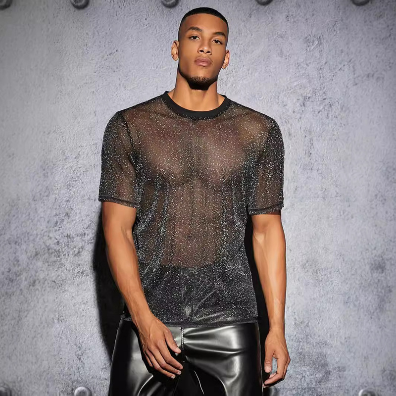 2026 Men's Fishnet Short-Sleeve Drop-Shoulder See-Through T-Shirt Sexy Nightclub Wear Fitness Breathable Mesh Hollow-Out Undershirt