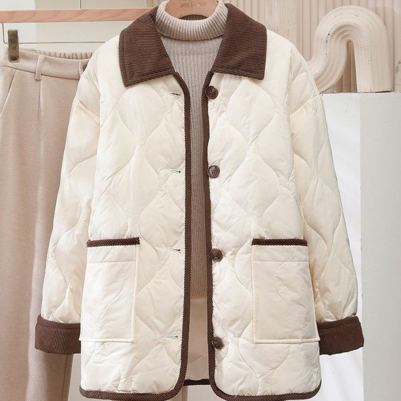 轻薄棉服女2025冬季新款翻领灯芯绒菱格宽松百搭短款保暖棉衣外套|undefined