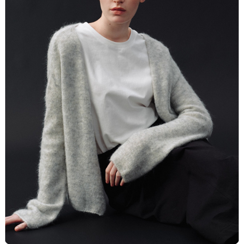 Trendy and Casual Alpaca Wool Simple Artistic Fluffy Lazy V-Neck Knit Cardigan Top for Women