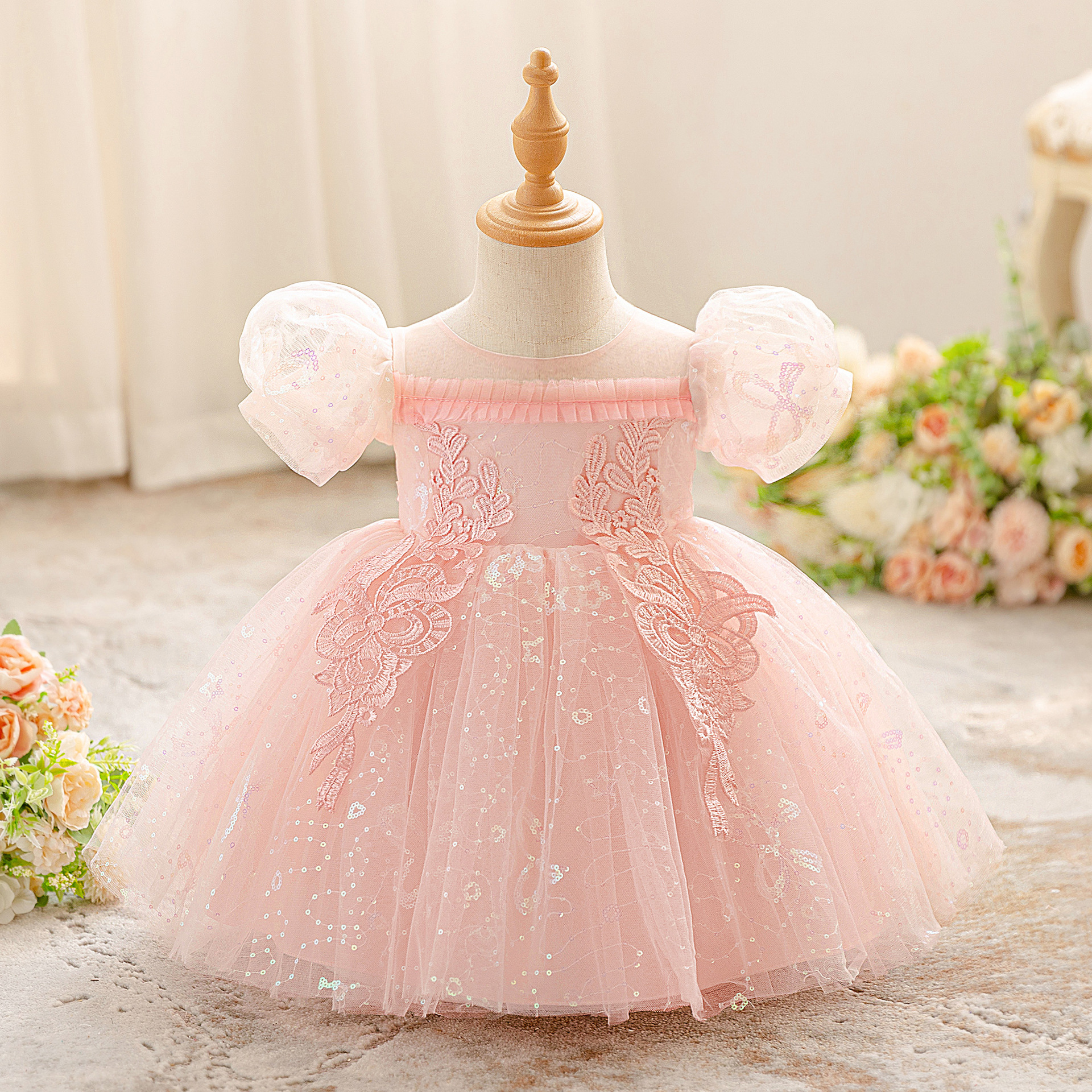 Vestido de niños vestido de princesa esquinilla burbuja manga malla floral niña vestido de fiesta vestido de aniversario bebé vestido de baño image 1