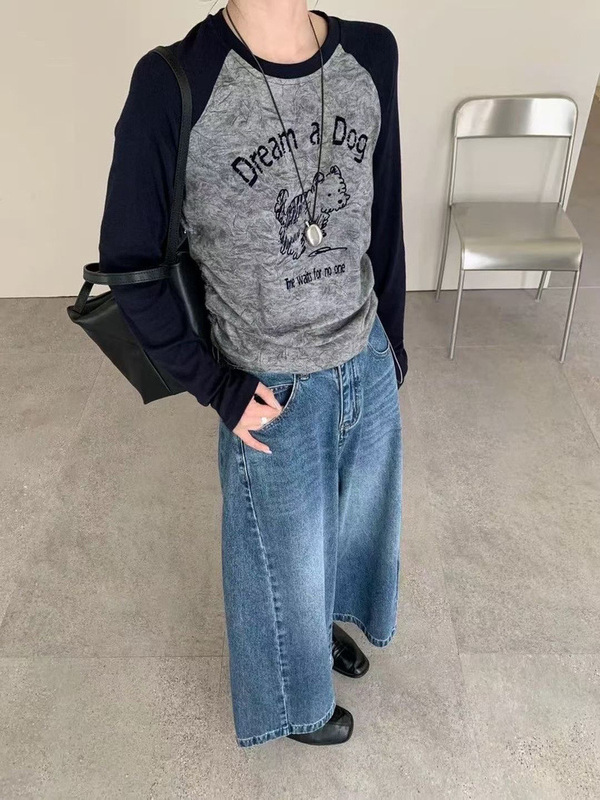 美式复古甜辣妹撞色插肩袖狗狗字母植绒晕染打底衫t恤女秋冬上衣|undefined