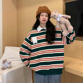 美式复古母绣花减龄条纹长袖卫衣女字宽松好质量重磅网红爆款上衣