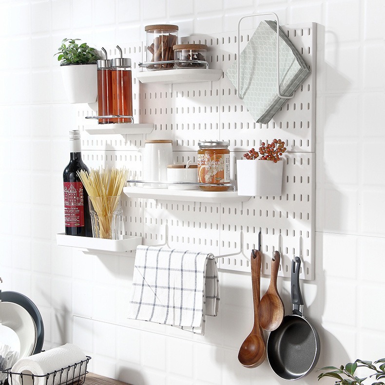 Perforated board wall-mounted storage solution, no drilling required, perfect for entryways, kitchens, and desks; DIY display shelf