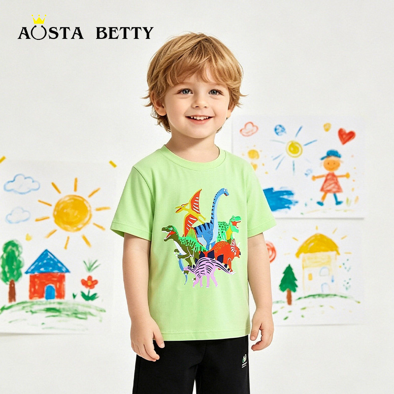 New summer boys' T-shirts, European and American style, dinosaur print sweatshirts, children's round neck short-sleeved tops, factory direct sales.