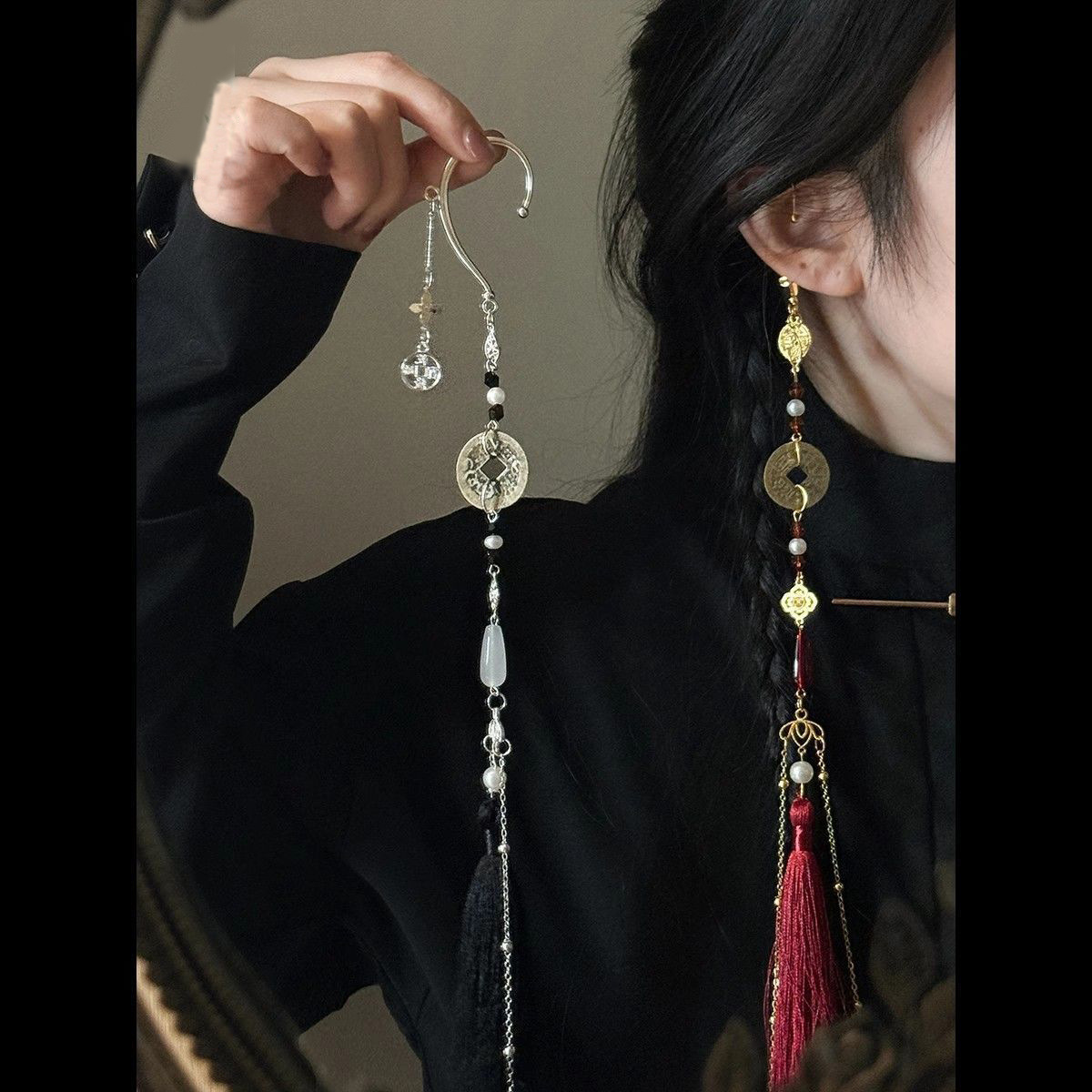 Ear cuffs for those without pierced ears, featuring a vintage Chinese style with antique copper coins and long tassels, available for mixed batch orders