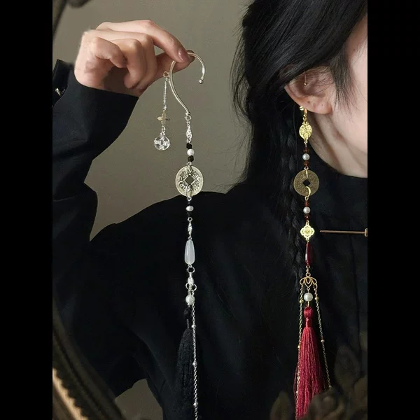 Ear cuffs for those without pierced ears, featuring a vintage Chinese style with antique copper coins and long tassels, available for mixed batch orders