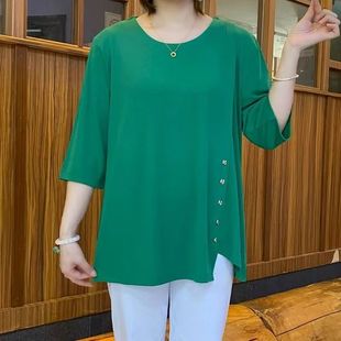 Loose-Fitting Mid-Short Sleeve T-Shirt for Women, Plus Size, Covers Belly, Fashionable Solid Color T-Shirt for Middle-Aged and Elderly Mothers, Versatile Women's Clothing