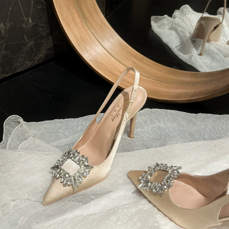 2024 новые наконечные французские атласные туфли на высоких каблуках женские каблуки пустые квадратные пряжки