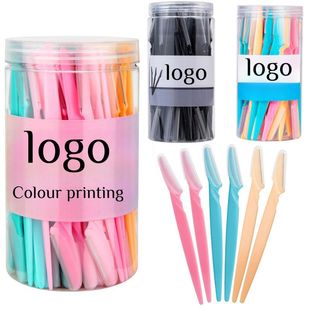 Amazon cross-border explosions canned eyebrow knife with protective net long handle stainless steel eyebrow trimming knife with color printing label jar