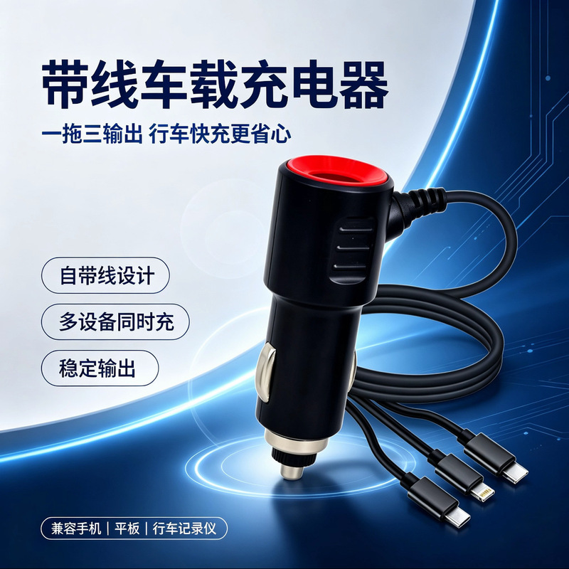 Cross-border car charger, fast charging, cigarette lighter plug, car charger with cable, one-to-three, three-in-one, new model car charger compatible