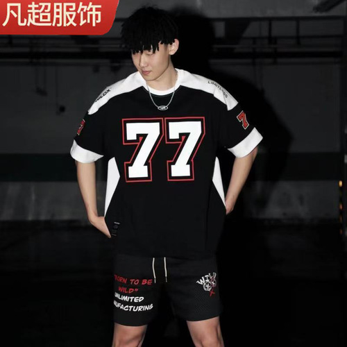 77 Ice Hockey Short Sleeve American Retro Sports High Street Casual Rugby Shirt Basketball Hip Hop T-Shirt European and American Style