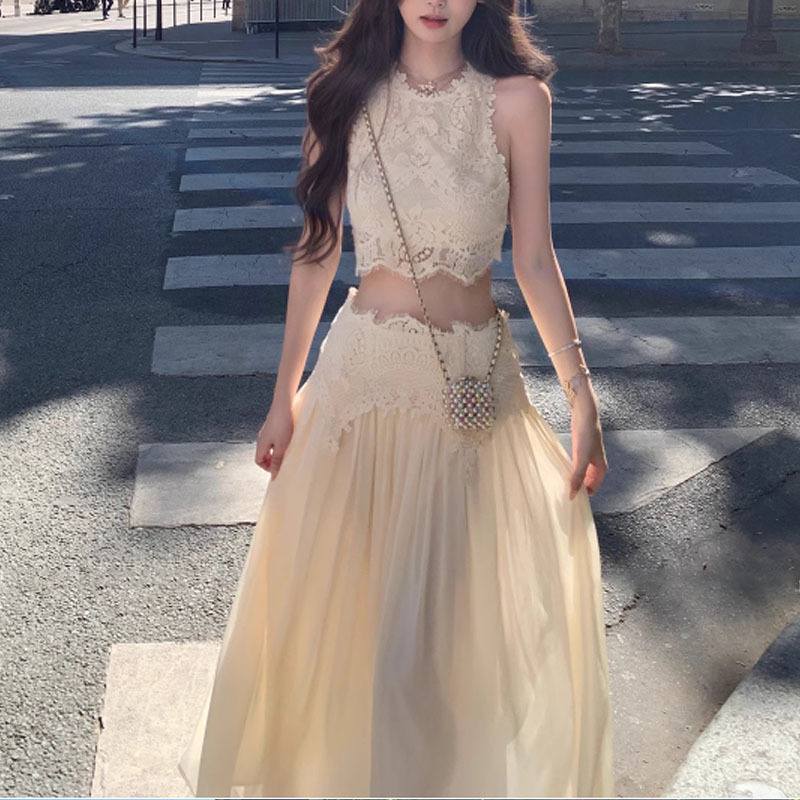 2025 夏の新ルーブルファンタジーエレガントで甘い絶妙なまつげレーストップ + ロングスカートスーツ女性のための|undefined