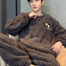 冬季男士春秋青少年家居服套装珊瑚绒生男式2025加厚加绒新款睡衣