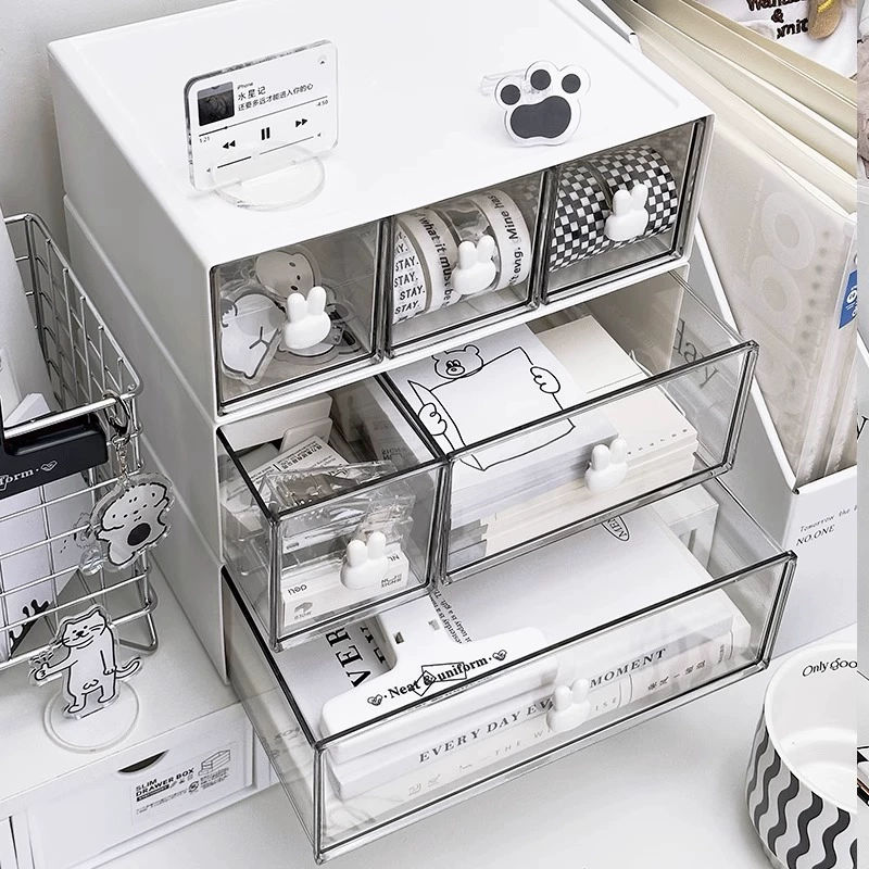 Desk Drawer Organizer, White Plastic Desktop Storage Box with Rabbit Handle, Multi-Size