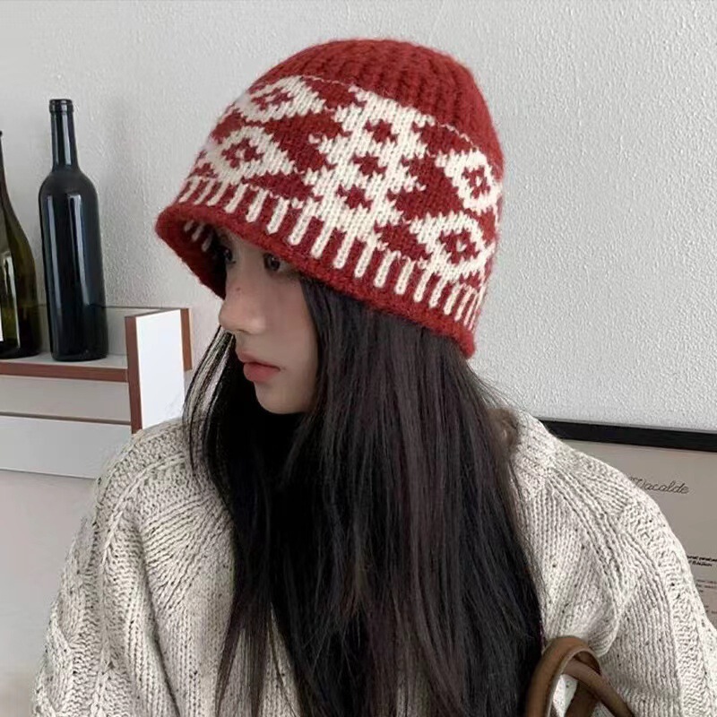韩版潮款大头围宽松复古针织帽子女时尚通勤拼色保暖针织护耳冷帽|undefined