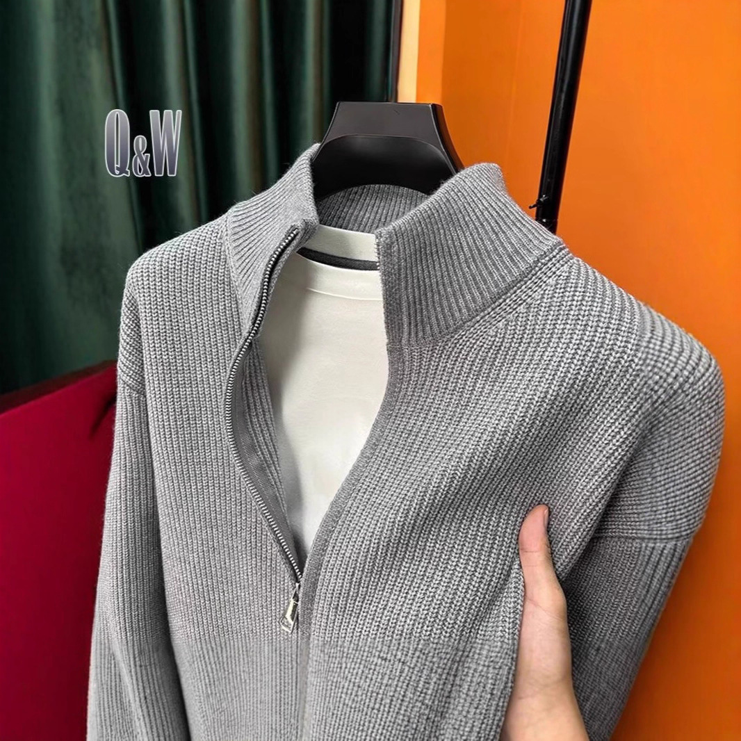 Solid Color Stand-Up Collar Double Zipper Cardigan Knitwear Men's Autumn and Winter Popular Knitted Knitwear Slim Fit Versatile Knitwear Jacket