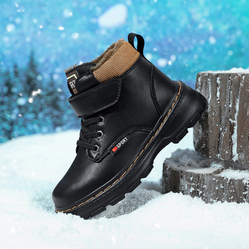 Children's Martin Boots with Fleece, Boys' Winter Student Black Cotton Leather Shoes, New Fall and Winter Boys' Leather Boots