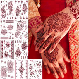 跨境东南亚海娜棕色蕾丝纹身贴henna tattoo手背手部临时纹身贴纸