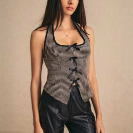 美式复古修身u领吊带女2026夏季新款可爱蝴蝶结装饰开叉挂脖背带