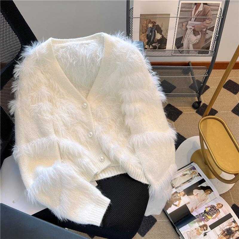 Suéter glutinoso suave de la borla para las mujeres 2023 primavera y otoño nuevo estilo de piel sintética visón suéter con cuello en V cardigan corto abrigo de moda para las mujeres