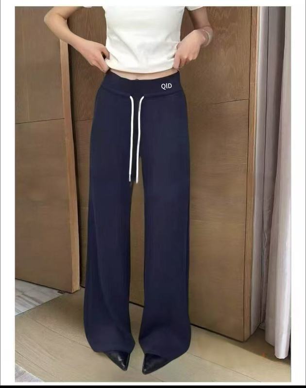 纯色空气棉微喇裤刺绣字母休闲长裤秋季韩系女高腰抽绳垂感阔腿裤|undefined