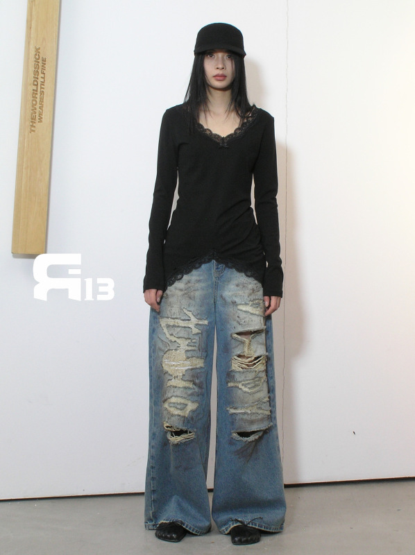 R13 Thirteen Lines 25 春夏アメリカンホットガールニッチデザインフリップサスペンダーレースボトム長袖Tシャツ8356|undefined