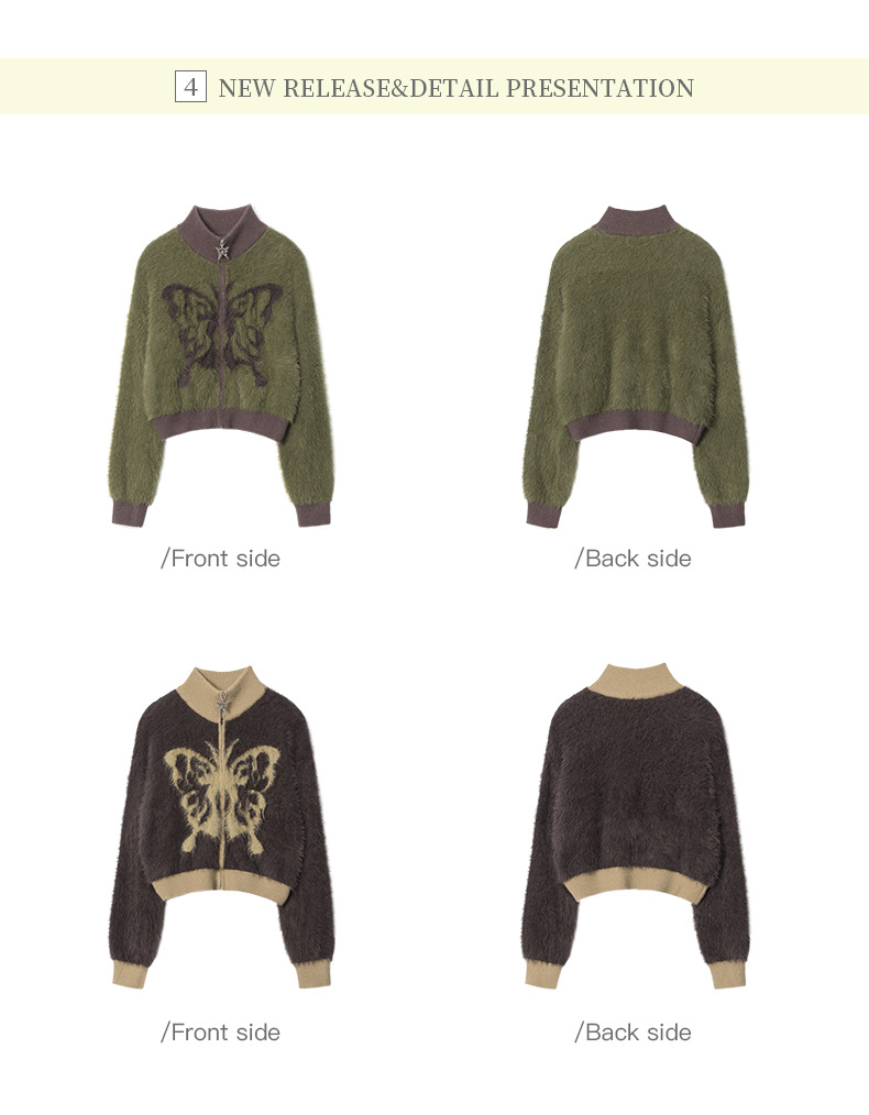 HeyHenry Maillard Mohair Cardigan Collo Alto Autunno/Inverno Farfalla Ricamo Cerniera Maglione Ragazza Spicy_voghion.com