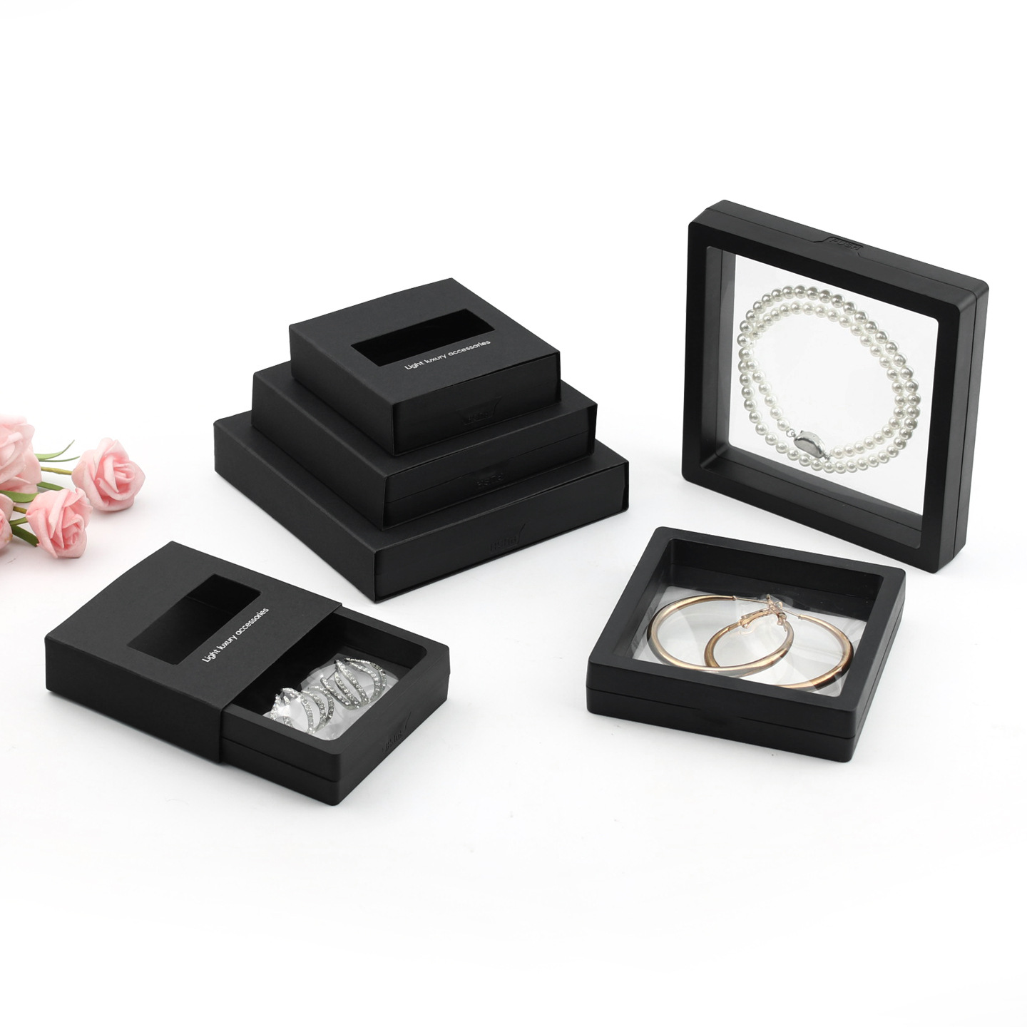 in stock wholesale paper set hollow suspension box black cardboard anti-oxidation display accessories box pe film ring earrings
