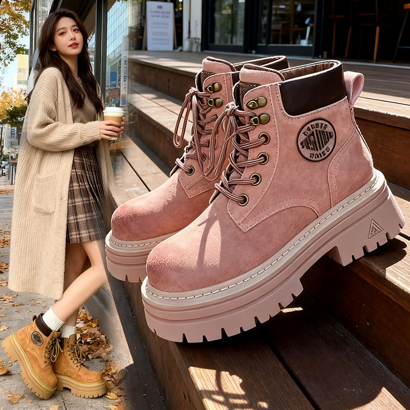 Boots Women's 2025 New British Style Heightening Rhubarb Boots Spring and Autum Small Thick-Soled Four-Season Short Boots